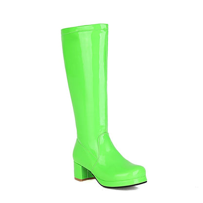 Women Patent Leather Block Heels Knee High Boots