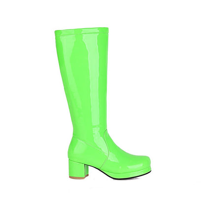 Women Patent Leather Block Heels Knee High Boots