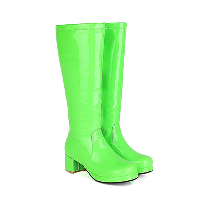 Women Patent Leather Block Heels Knee High Boots