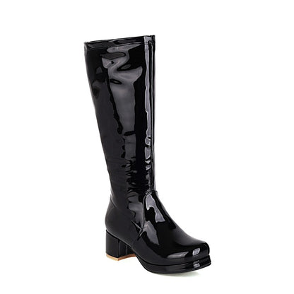 Women Patent Leather Block Heels Knee High Boots