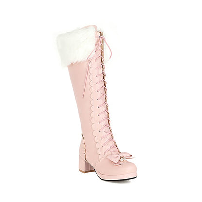 Women Fur Bow High Heels Knee High Snow Boots