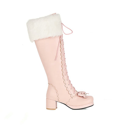 Women Fur Bow High Heels Knee High Snow Boots