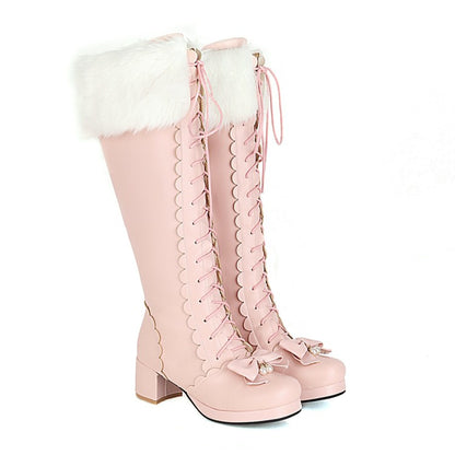 Women Fur Bow High Heels Knee High Snow Boots