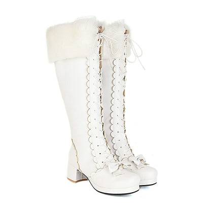 Women Fur Bow High Heels Knee High Snow Boots