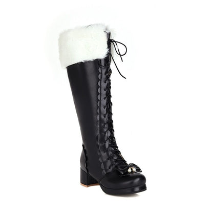 Women Fur Bow High Heels Knee High Snow Boots