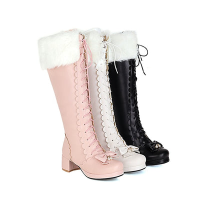 Women Fur Bow High Heels Knee High Snow Boots