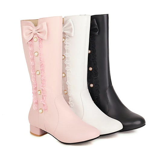 Women Pearl Lace Low Heels Knee High Boots