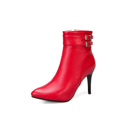 Pointed Toe Buckle Women High Heel Short Boots