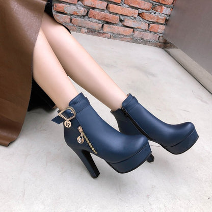 Women Buckle Zipper Platform High Heel Short Boots