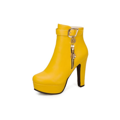 Women Buckle Zipper Platform High Heel Short Boots