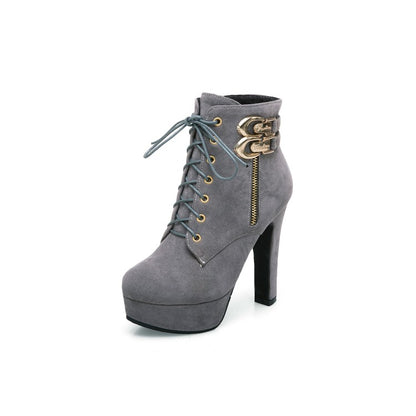 Women Zip Lace Up Platform High Heel Short Boots