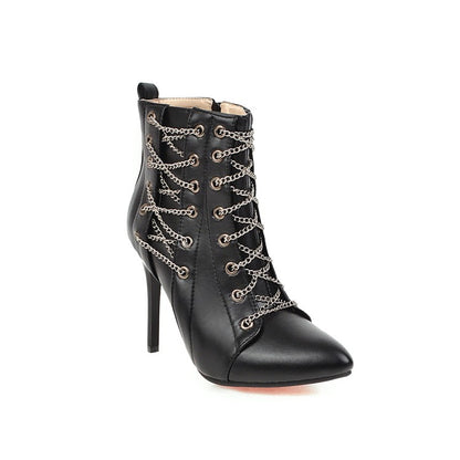 Women Pointed Toe Chain High Heel Short Boots