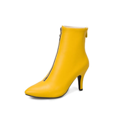 Women Pointed Toe Zipper High Heel Short Boots