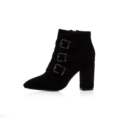 Women Suede Buckle High Heel Short Boots