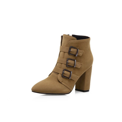 Women Suede Buckle High Heel Short Boots