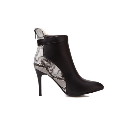 Women Pointed Toe Snake-print High Heel Short Boots