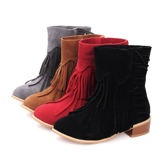 Women Tassel Mid Heels Short Boots