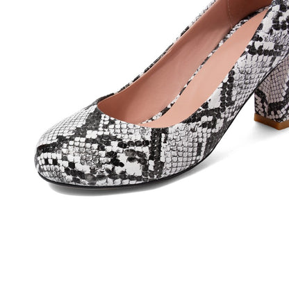 Women Snake-printed Block High Heels Pumps