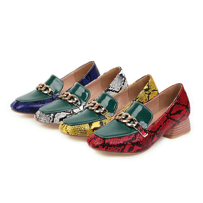 Women Color Blocking Metal Deco Block Heels Pumps