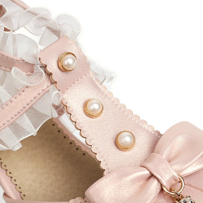 Women Lolita Closed Toe Lace Butterfly Knot Chunky Heel Sandals