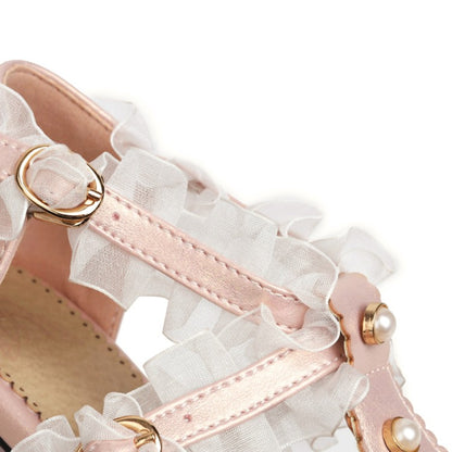 Women Lolita Closed Toe Lace Butterfly Knot Chunky Heel Sandals