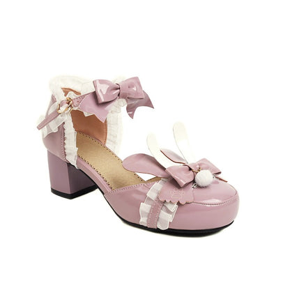 Women Lolita Closed Toe Butterfly Knot Lace Mid Block Heel Sandals