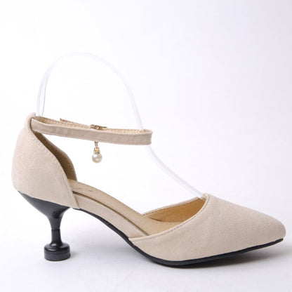 Women High Heels Suede Ankle Strap Pearls Spool Heel Stiletto Sandals