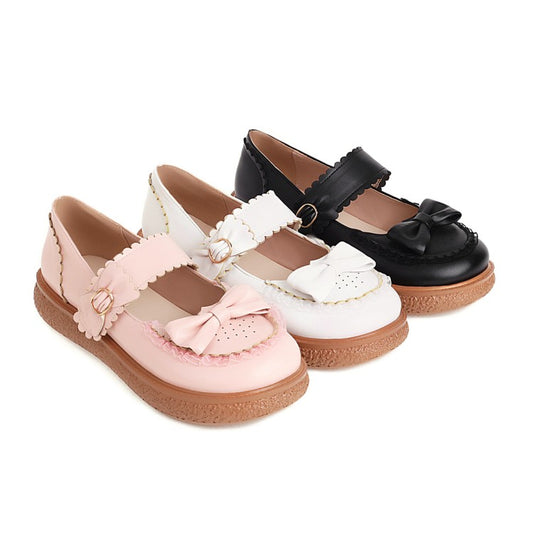 Women Lolita Round Toe Butterfly Knot Shallow Flat Sandals