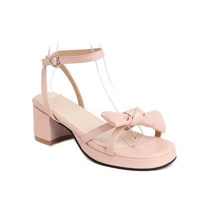 Ladies Solid Color Butterfly Knot Low Block Heels Platform Sandals