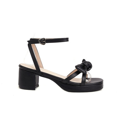 Ladies Solid Color Butterfly Knot Low Block Heels Platform Sandals