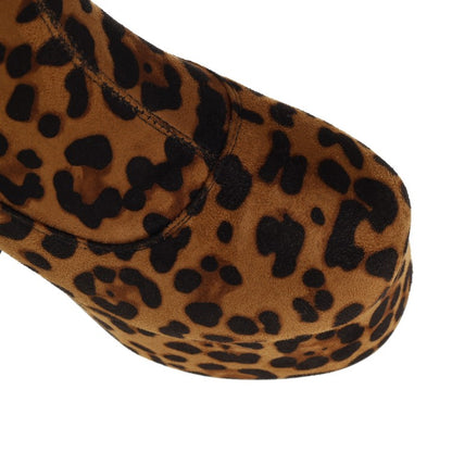 Women Leopard Print Round Toe Stitching Block Heel Platform Knee High Boots