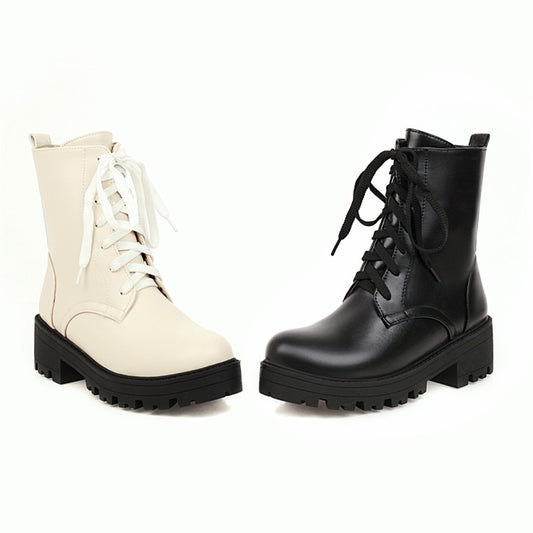 Women Lace Up Stitch Block Chunky Heel Platform Short Boots