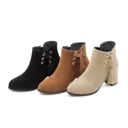 Women Flock Pointed Toe Straps Tassel Block Heel Short Boots