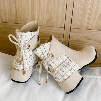 Women Flock Lattice Patchwork Side Zippers Block Heel Short Boots