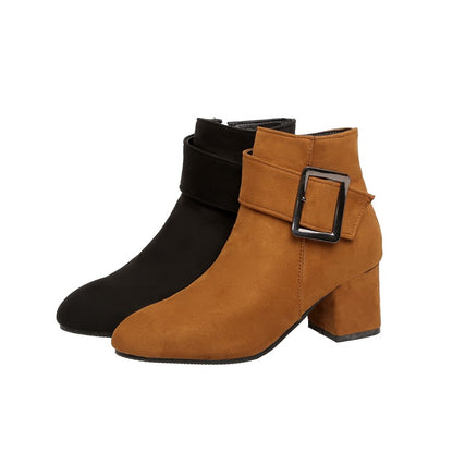 Women Flock Buckle Zipper Block Heel Short Boots