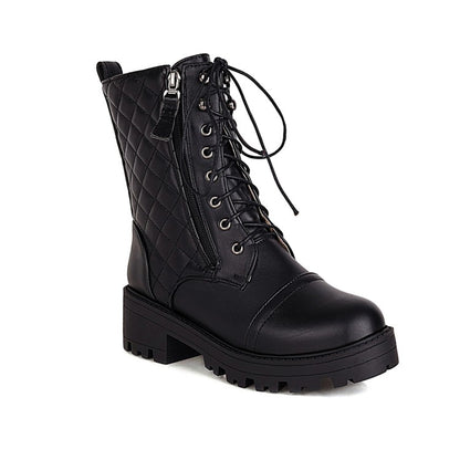 Women Lace Up Side Zippers Block Heel Platform Short Boots