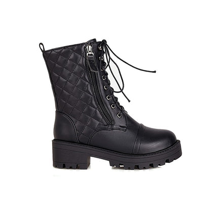 Women Lace Up Side Zippers Block Heel Platform Short Boots