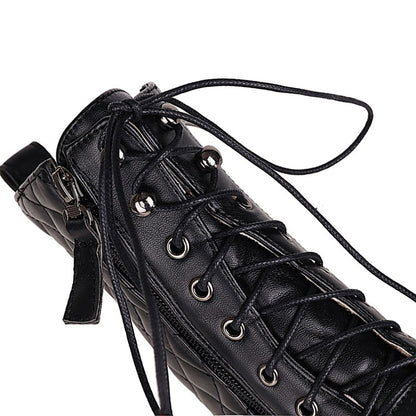 Women Lace Up Side Zippers Block Heel Platform Short Boots