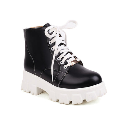 Women Lace Up Stitch Block Heel Platform Short Boots