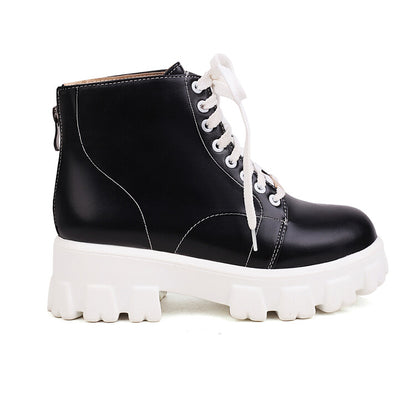 Women Lace Up Stitch Block Heel Platform Short Boots