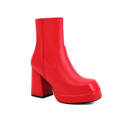 Women Square Toe Side Zippers Block Heel Platform Short Boots