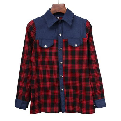 Denim Stitching Plaid Spring Slim Casual Women Blouses