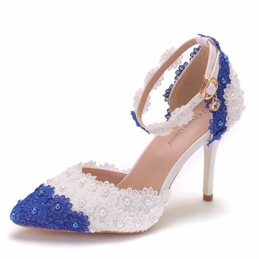 Women Bicolor Lace Flora Stiletto Heel Pointed Toe Bridal Wedding Shoes Sandals