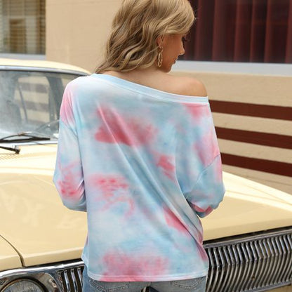 Women Tie-dye Gradient Off-the-shoulder T-shirt Long Sleeved Top