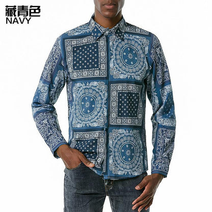 Men's 3D Button Retro Printing Long Sleeves Casual Shirts