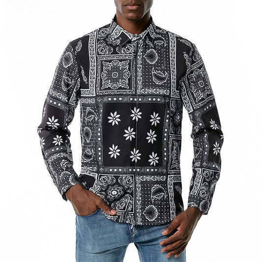 Men's 3D Button Retro Printing Long Sleeves Casual Shirts