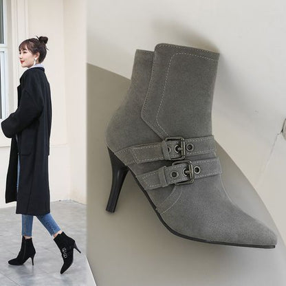 Pointed Toe Buckle Women's High Heeled Ankle Boots