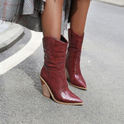 Women Pointed Toe Chunky High Heel Short Boots