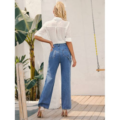 Ins Fashion High Waist Chains Straight Denim Long Women Jeans