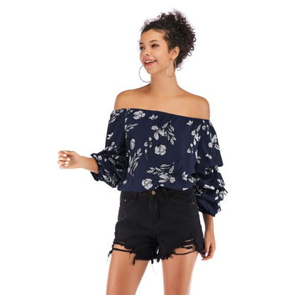 Sexy Printed with Off-shoulder Spring Women Chiffon Shirt Blouses